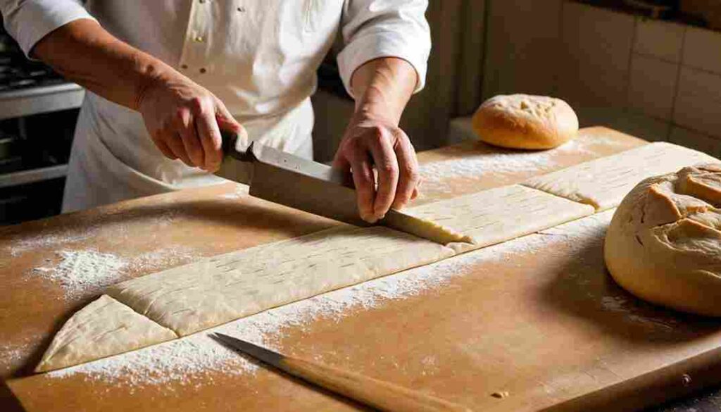 Artisan Boulanger Découpe Des Triangles De Croissants Saveurdantanartisanal